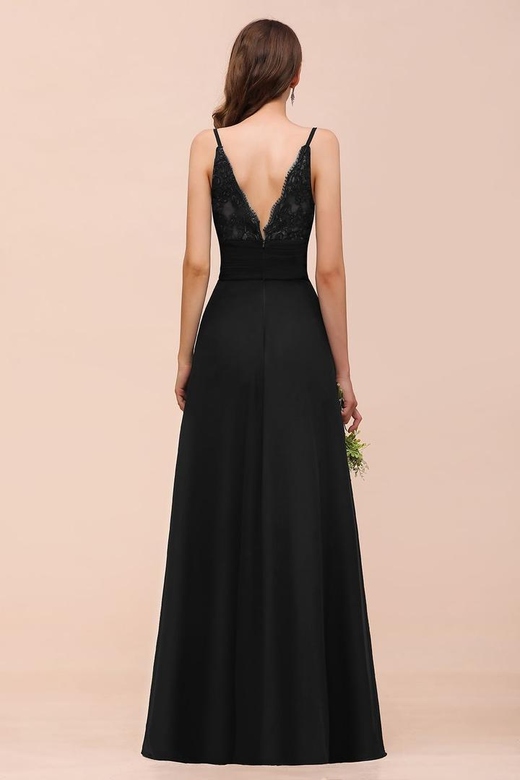 Deep V-Neck Spaghetti Straps Slit Long Black Bridesmaid Dresses