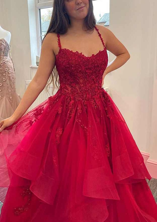 Elegant Ball Gown V-Neck Tulle Appliqued Beading Prom Dress