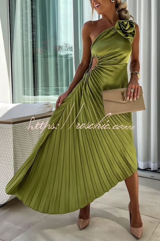 Romantic Nights Satin Raised Flower One Shoulder Pleated Maxi