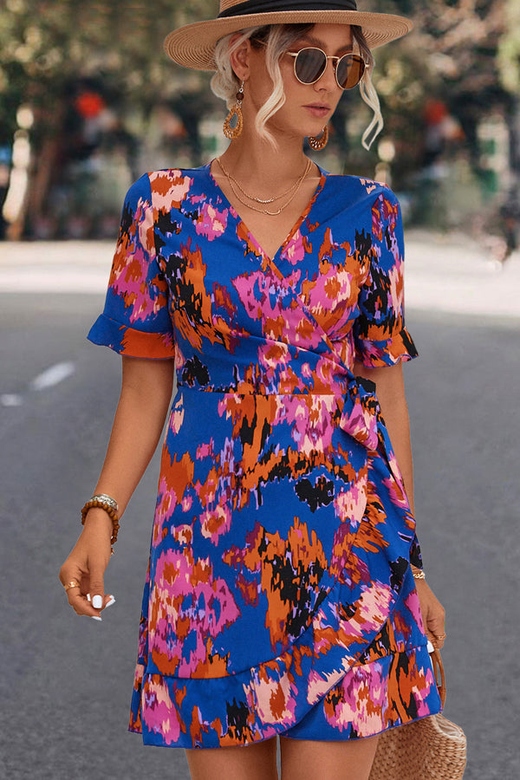 Floral V-Neck Ruffle Hem Mini Dress