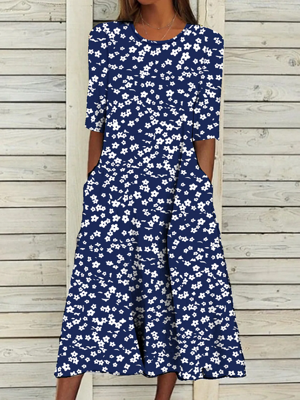 Round Neck Floral Casual Midi Dresses for Daytime Elegance