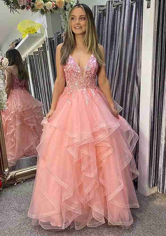 Amazing A-Line V-Neck Long Tulle Prom Dress with Appliqued Details