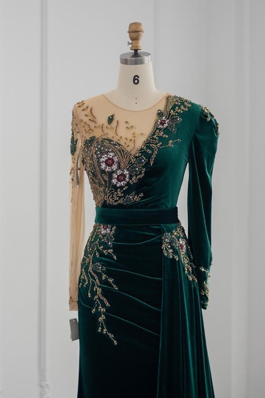 Long Sleeves Dark Green Crystals Mermaid Evening Dress