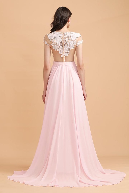 A-Line Jewel Chiffon Lace Ruffles Slit Bridesmaid Dresses