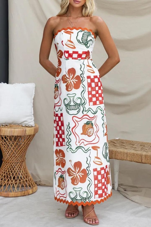 Floral Fold Strapless Printed Dresses