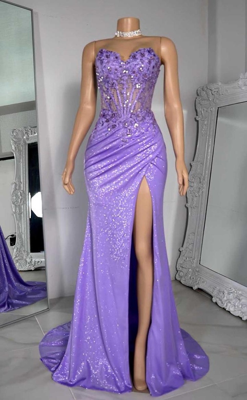 Chic Sweetheart Illusion Appliques Side Slit Party Prom Evening Dress