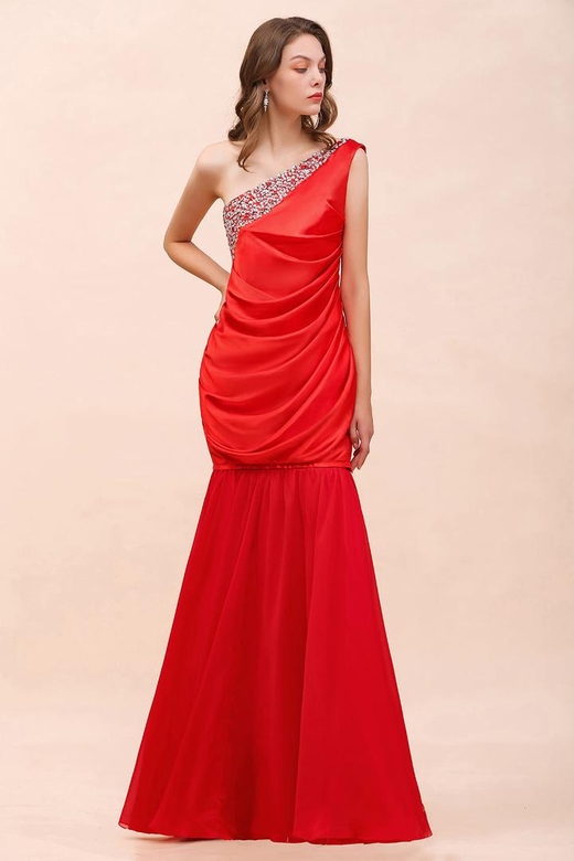 Chic One Shoulder Beading Ruffle Red Detachable Skirt Bridesmaid Dresses