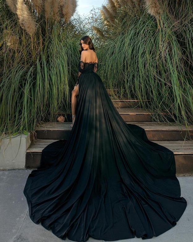 Gorgeous Black Off-The-Shoulder Lace Slit Holiday Prom Dress