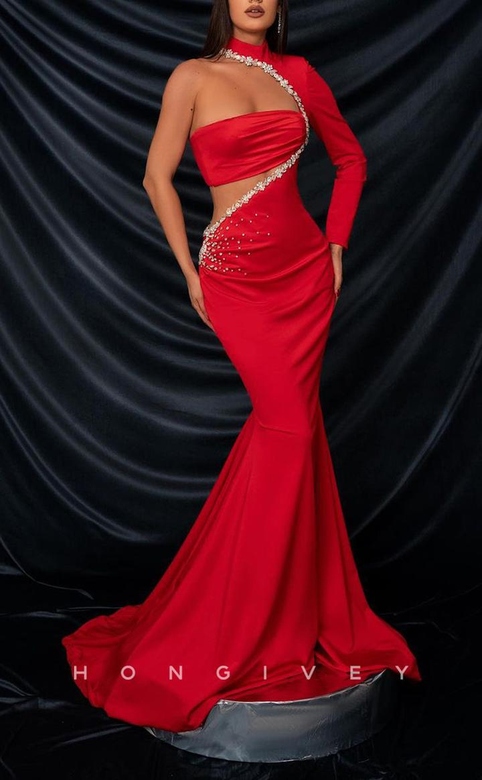 Dazzling Satin Trumpet One Shoulder Illusion Beaded Ruched Train Prom