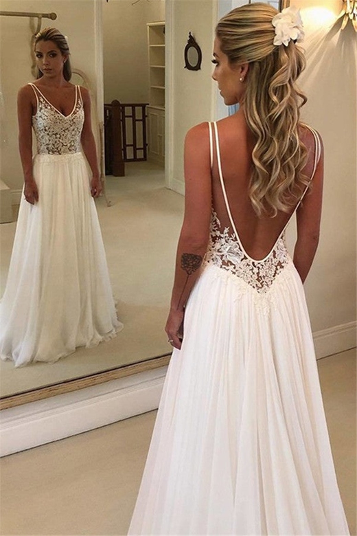 V-Neck Sleeveless Chiffon Beach Wedding Dress with Appliques