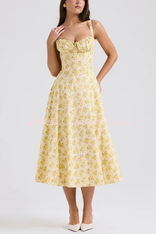 Vintage Floral Suspender Fit Lace-Up Midi Dress