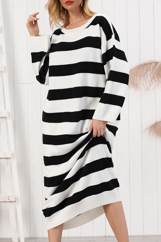 Striped Scoop Knitted Long Dress for Cozy Elegance