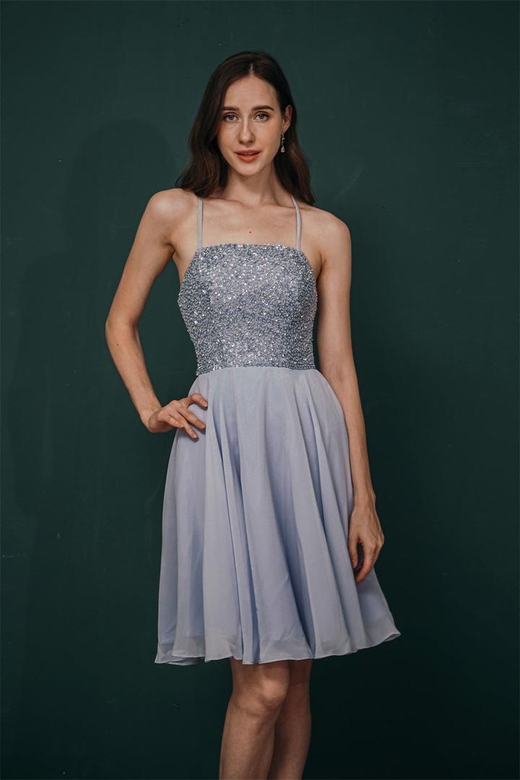 Sparkle Beaded Silver Halter Short Criss-Cross Homecoming Dress