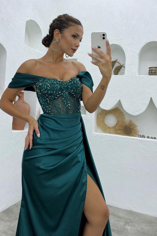 Beautiful Floor Length Off-The-Shoulder Satin Prom with Split