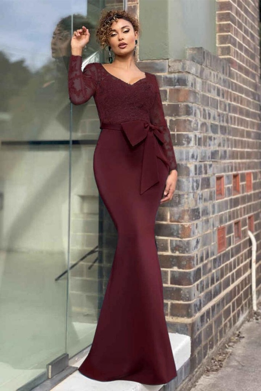 Elegant Long Sleeve Lace Mermaid V-Neck Evening Dress