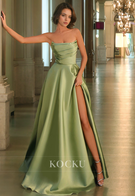 A-Line Strapless Satin High Slit Pleats Floor-Length Prom Gown