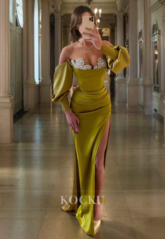 Couture & Ornate V-Neck Long Sleeves Sheath Split Evening Gown