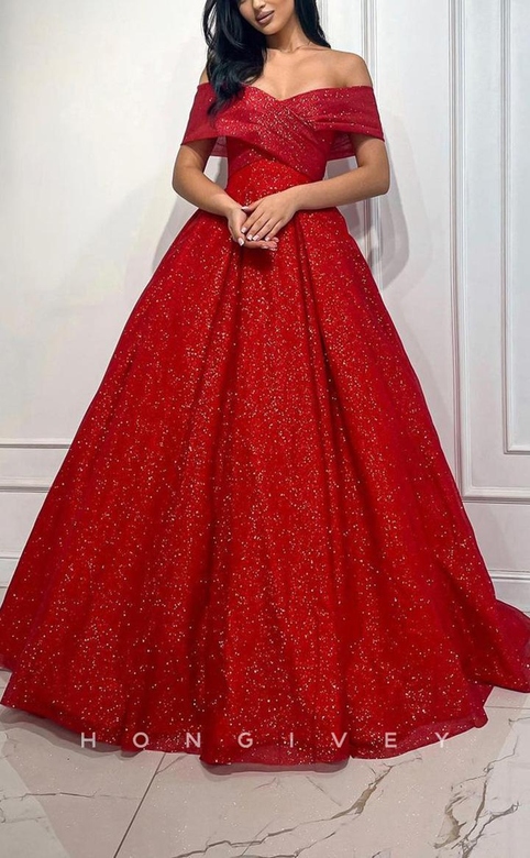 Chic Glitter Tulle Red A-Line Off-Shoulder Floor-Length Party Prom Gown