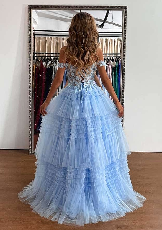 A-Line Off-the-Shoulder Sleeveless Tulle Appliqued Beading Ruffles Sweep Train Prom Dress