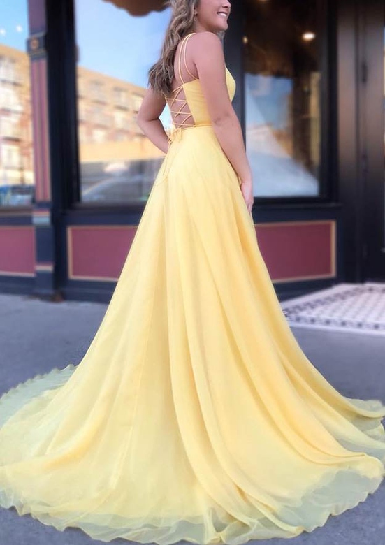 A-Line Beautiful Spaghetti Straps Chiffon Prom Dress with Sweep Train