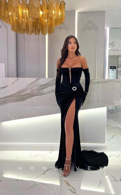 Sexy Plunging Illusion Train High Slit Formal Evening Prom