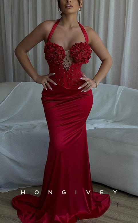 Sexy Fitted Red Satin Sweetheart Halter Beaded Train Party Prom Gown