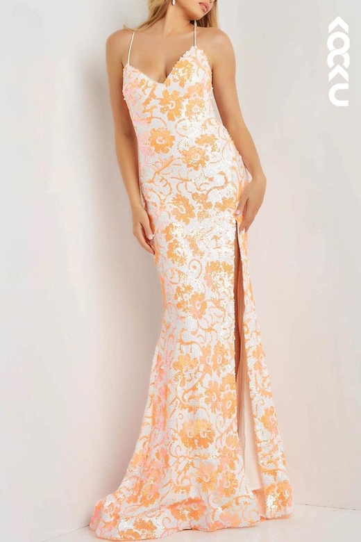 V-Neck Spaghetti Straps Floral Sequined Sheath Gown