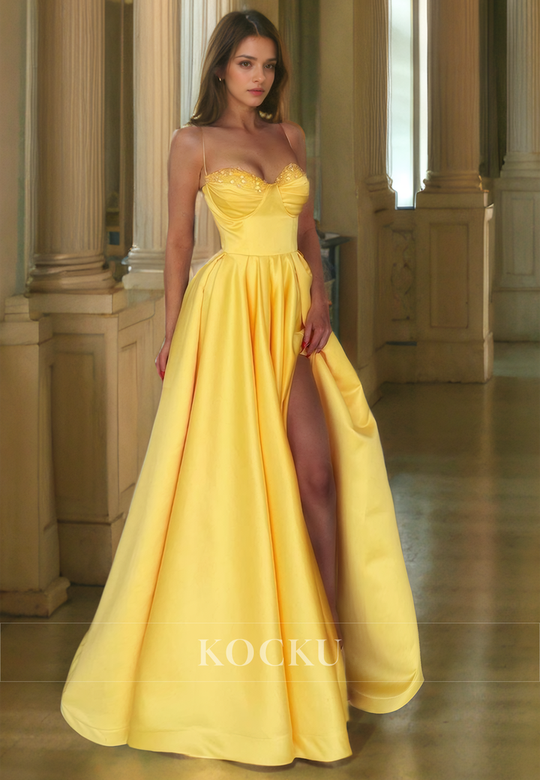 Elegant & Simple Off-Shoulder A-Line Sleeveless Split Satin Evening Gown