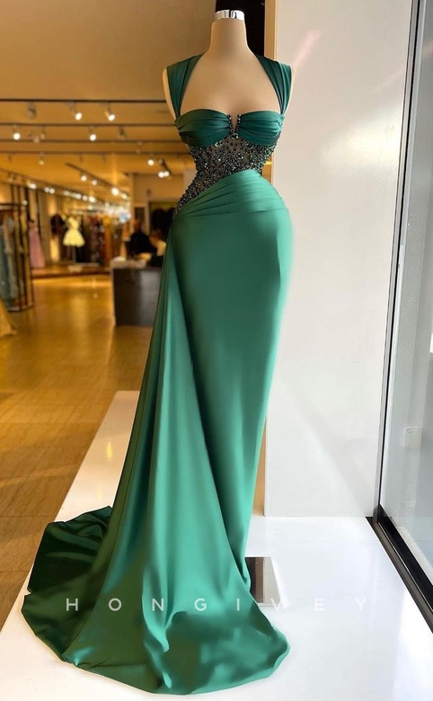 Elegant Satin Fitted Straps Beaded Ruched Train Prom Evening Dress