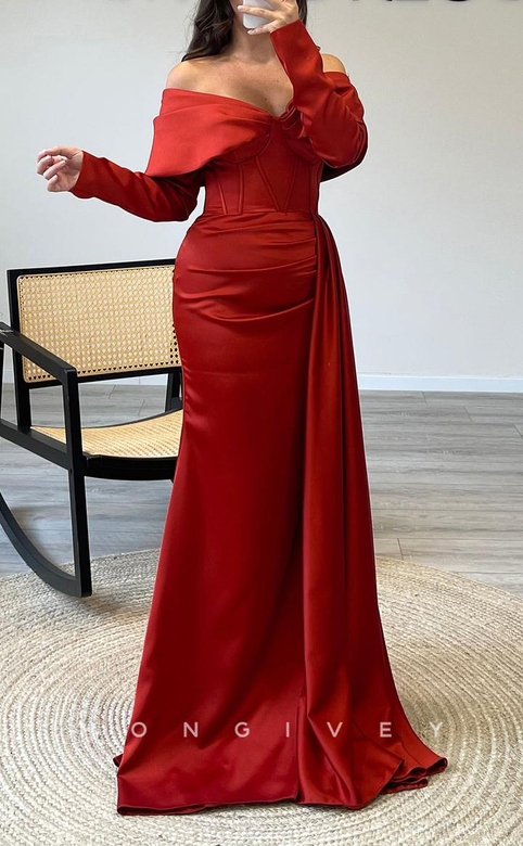 Alluring Satin Fitted Off-Shoulder Long Sleeve Ruched Train Prom Evening