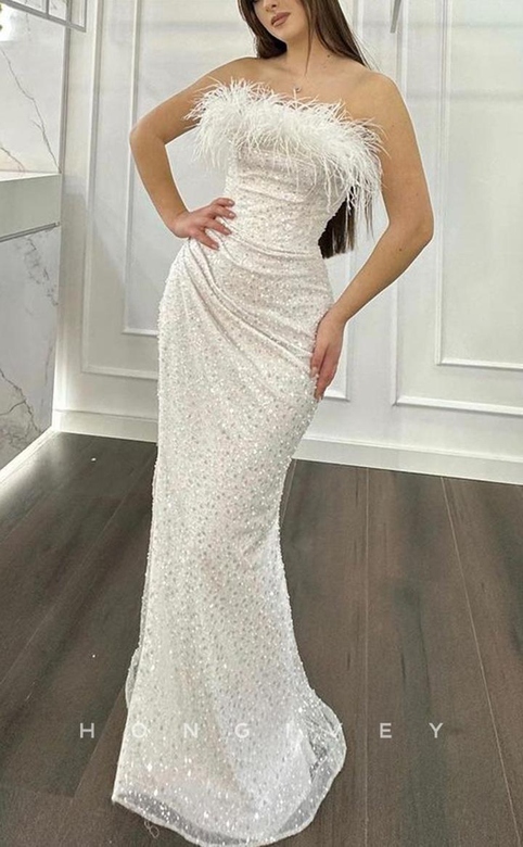 Sexy Fitted Glitter Strapless Feathers Sequined Ruched Party Prom Gown