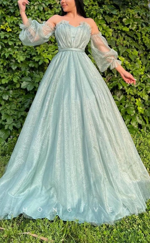 Sexy A-Line Tulle Sweetheart Puff Sleeves Gown Empire Belt Gown