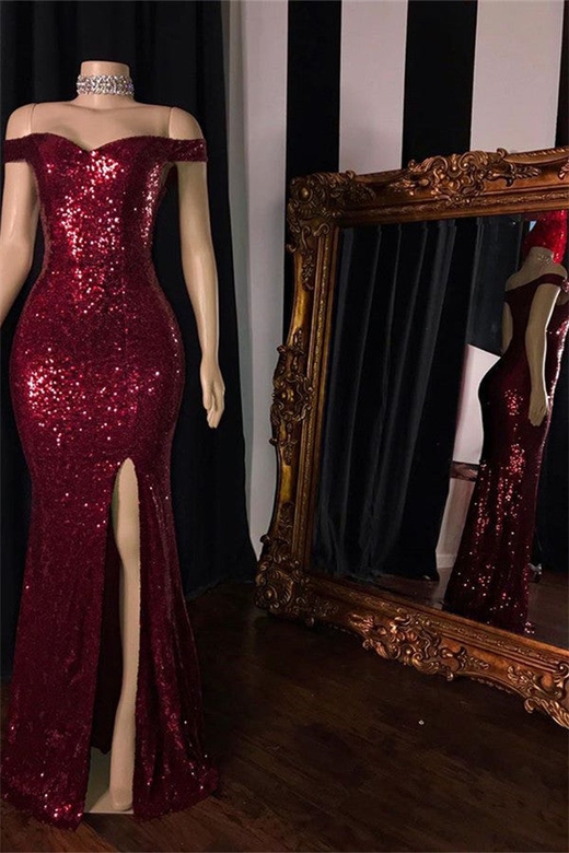 Burgundy Sequins Long Mermaid Prom Dress