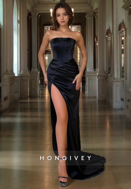 Simple Satin Fitted Strapless Sleeveless Side Slit Long Prom