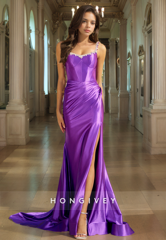 Chic Satin Trumpet Sweetheart Spaghetti Straps Beaded Gown