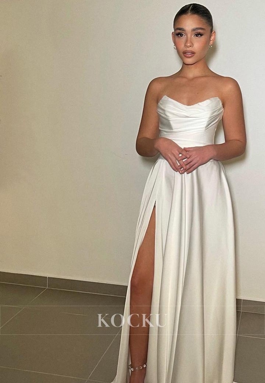 Elegant & Simple Off-Shoulder Sleeveless A-Line Split Satin Prom Gown