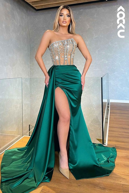 Gorgeous & Charming Strapless Illusion Ruched Mermaid Slit Prom Dress