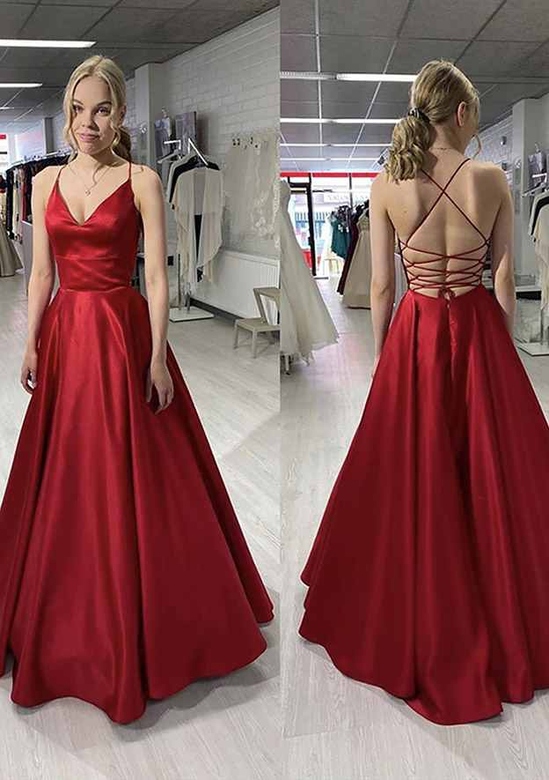 A-Line Princess V-Neck Sleeveless Satin Long Prom Dress for Special Occasions