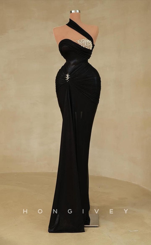 Sexy Satin Fitted One Shoulder Sleeveless Beaded Party Gown