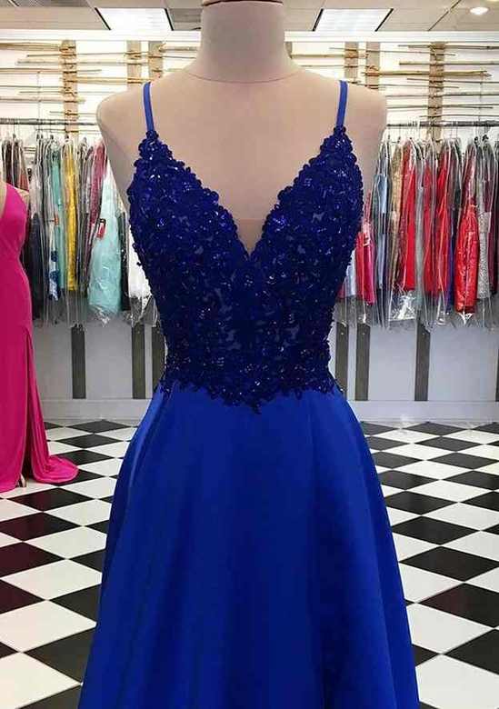 A-Line V-Neck Long Satin Appliqued Beading Regular Straps Prom Dress