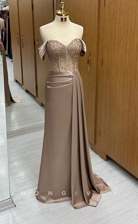 Sexy Satin Trumpet Sweetheart Off-Shoulder Empire Beaded Pleats Prom Gown