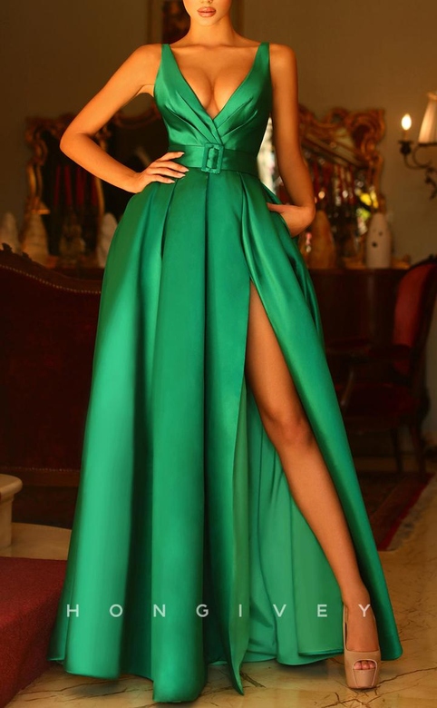 Elegant Luxurious Empire V-Neck Open Back With Side Slit Evening Prom Dress