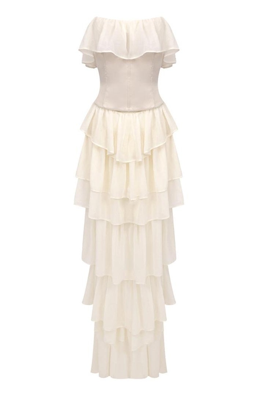 Vintage Bandeau Mesh Lace-Up Bustier Chiffon Ruffle Evening Maxi Dress