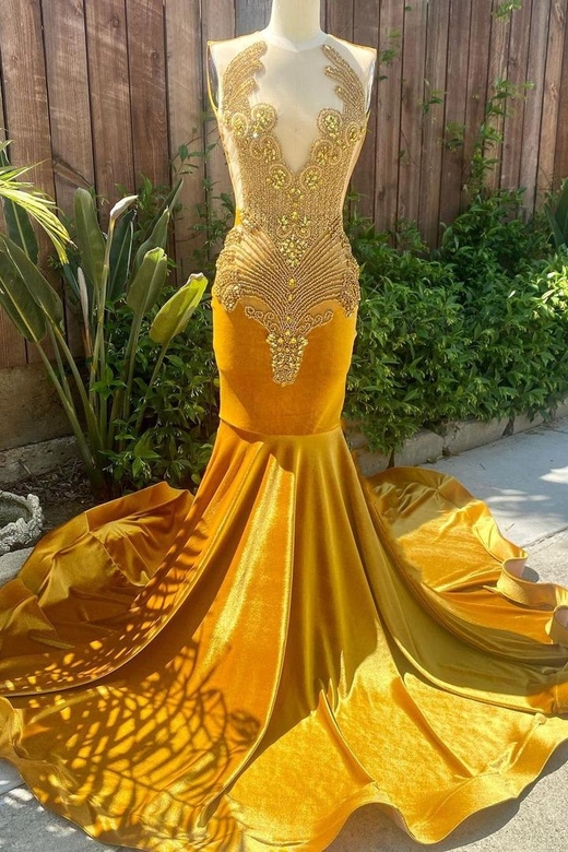 V-Neck Gold Velvet Sleeveless Mermaid Long Court Train Prom Dress