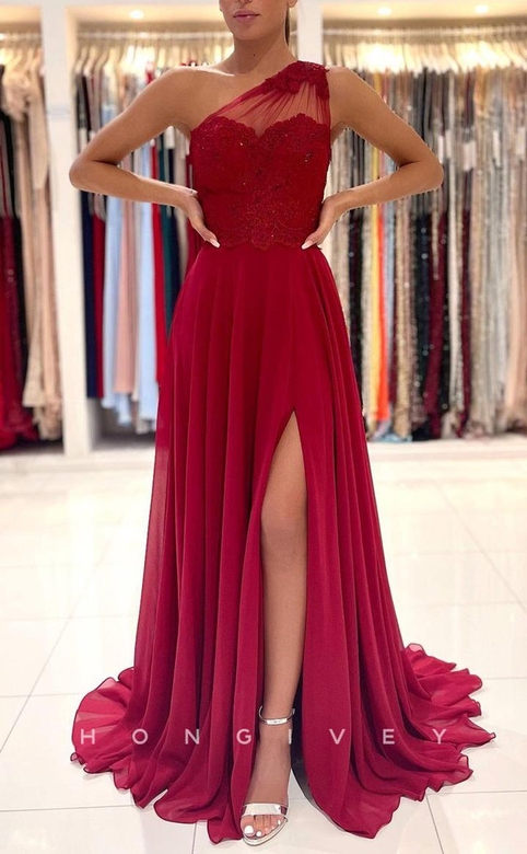 Sexy A-Line One Shoulder Satin Empire Beaded Slit Train Gown