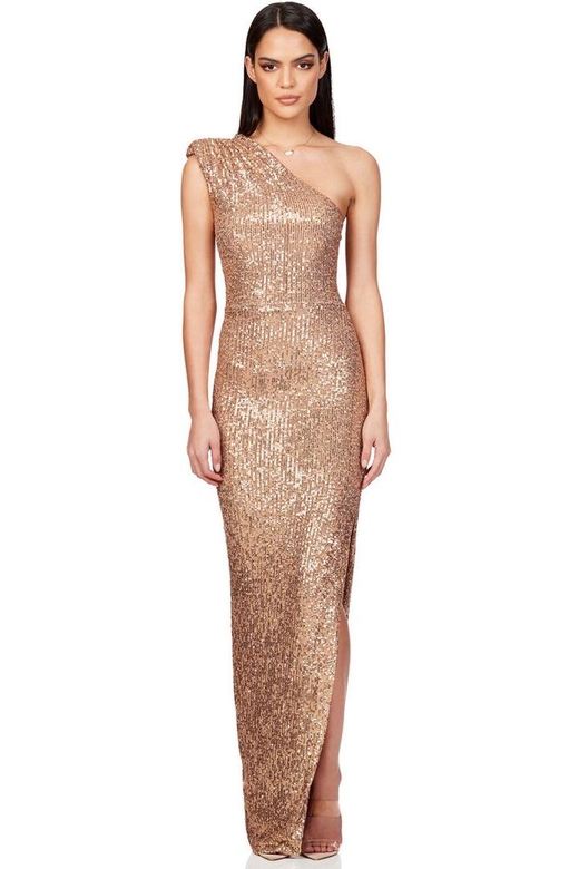 Elegant Padded One Shoulder Champagne Split Sequin Evening Maxi