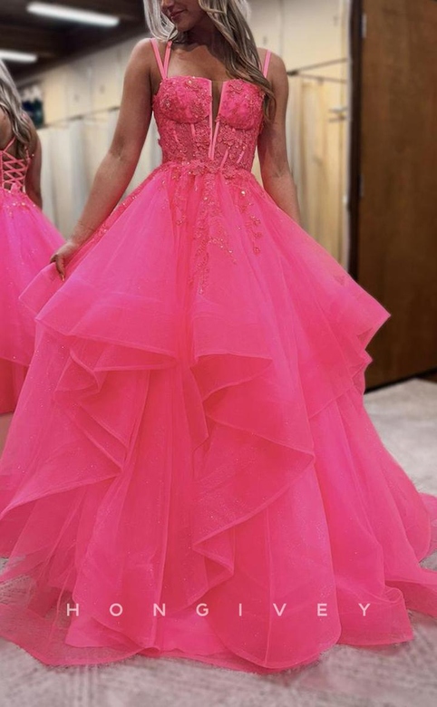 Tulle Glitter A-Line Square Spaghetti Straps Appliques Party Gown