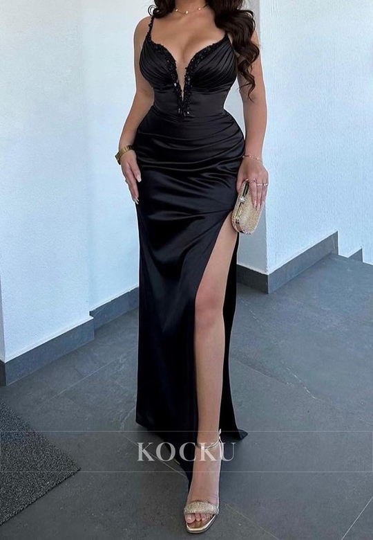 Sexy & Hot V-Neck Ruched Sheath Satin Beaded Party Prom Evening Dress