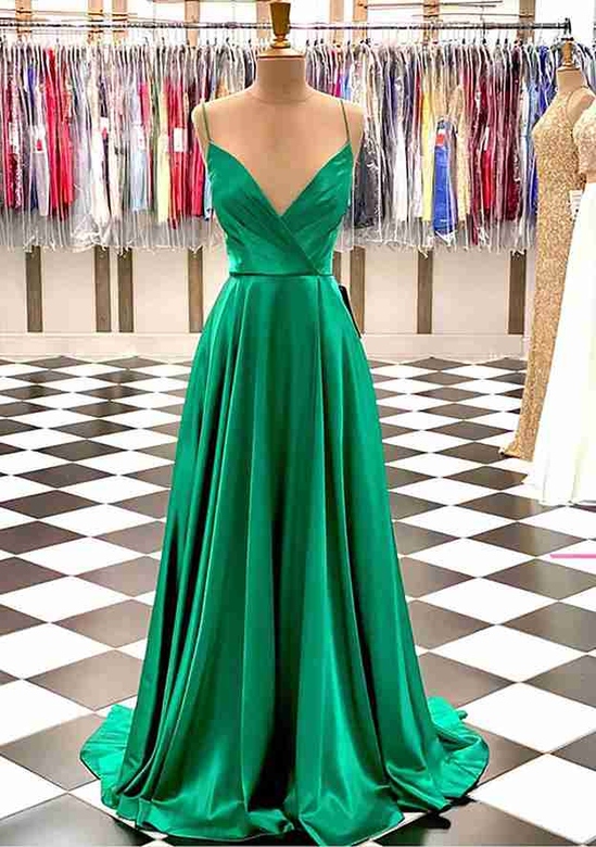 A-Line V-Neck Charmeuse Prom Dress with Pleated Spaghetti Straps and Sweep Train