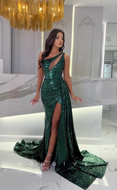 L0961 - Ornate Sparkly Fully Sequined Cutout Train Slit Prom